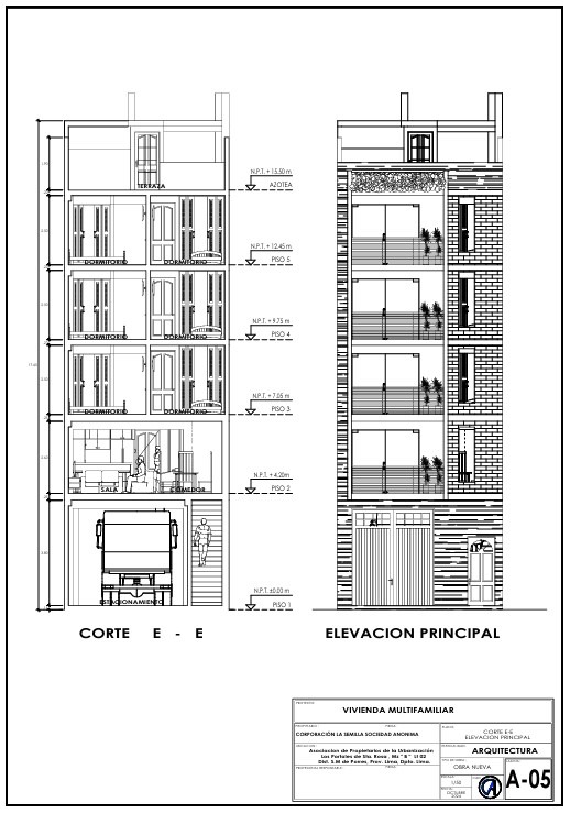 Elevación Principal y Cortes